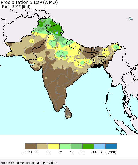 Southern Asia Precipitation 5-Day (WMO) Thematic Map For 3/1/2024 - 3/5/2024
