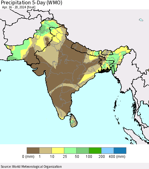 Southern Asia Precipitation 5-Day (WMO) Thematic Map For 4/16/2024 - 4/20/2024