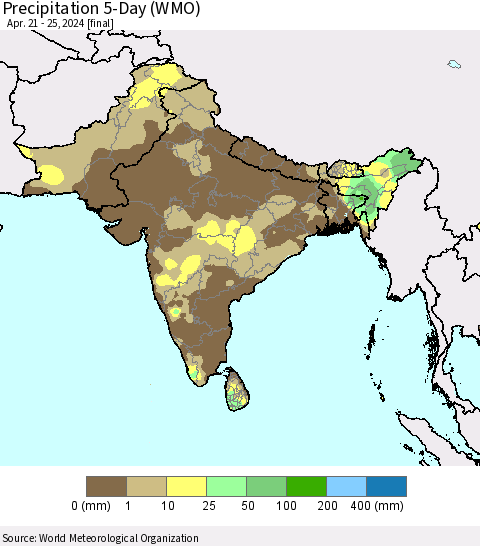 Southern Asia Precipitation 5-Day (WMO) Thematic Map For 4/21/2024 - 4/25/2024