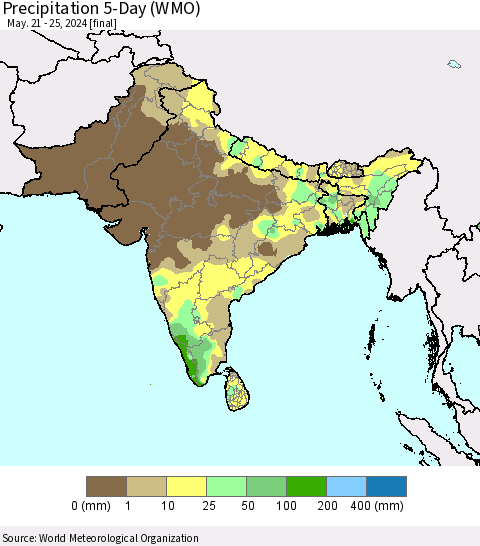 Southern Asia Precipitation 5-Day (WMO) Thematic Map For 5/21/2024 - 5/25/2024