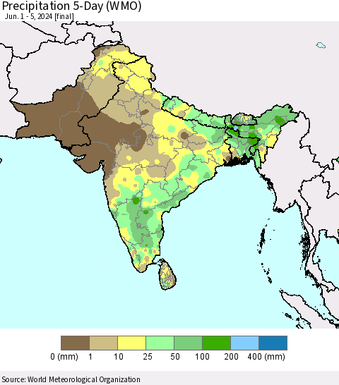 Southern Asia Precipitation 5-Day (WMO) Thematic Map For 6/1/2024 - 6/5/2024