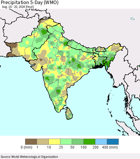 Southern Asia Precipitation 5-Day (WMO) Thematic Map For 8/16/2024 - 8/20/2024