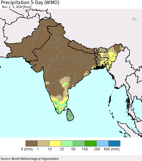 Southern Asia Precipitation 5-Day (WMO) Thematic Map For 11/1/2024 - 11/5/2024