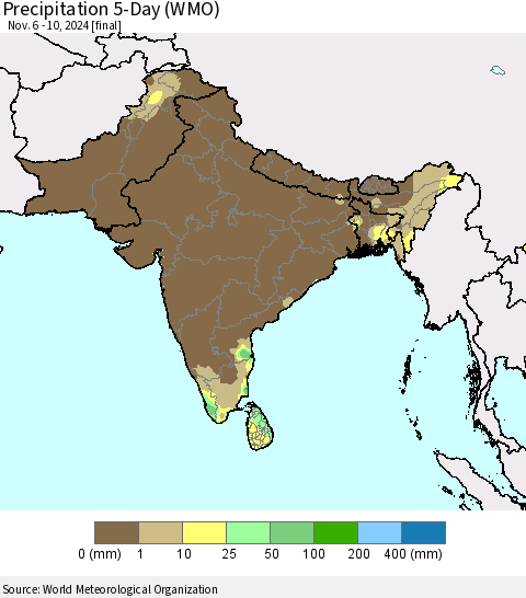 Southern Asia Precipitation 5-Day (WMO) Thematic Map For 11/6/2024 - 11/10/2024