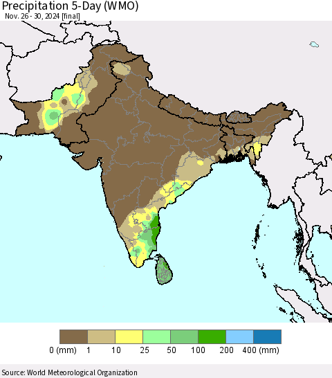 Southern Asia Precipitation 5-Day (WMO) Thematic Map For 11/26/2024 - 11/30/2024