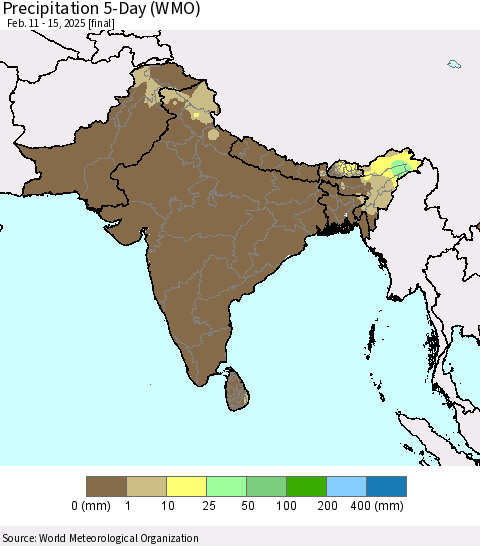 Southern Asia Precipitation 5-Day (WMO) Thematic Map For 2/11/2025 - 2/15/2025