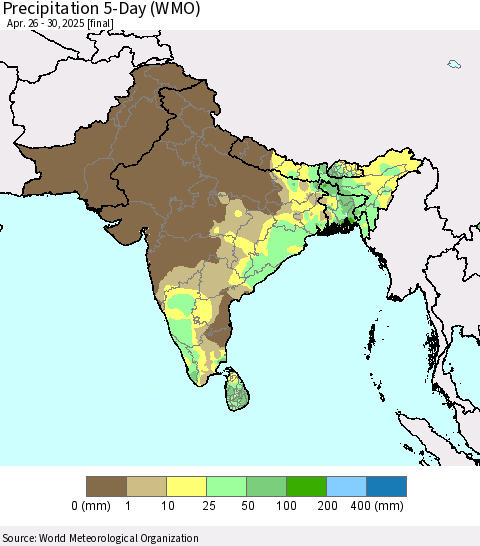 Southern Asia Precipitation 5-Day (WMO) Thematic Map For 4/26/2025 - 4/30/2025