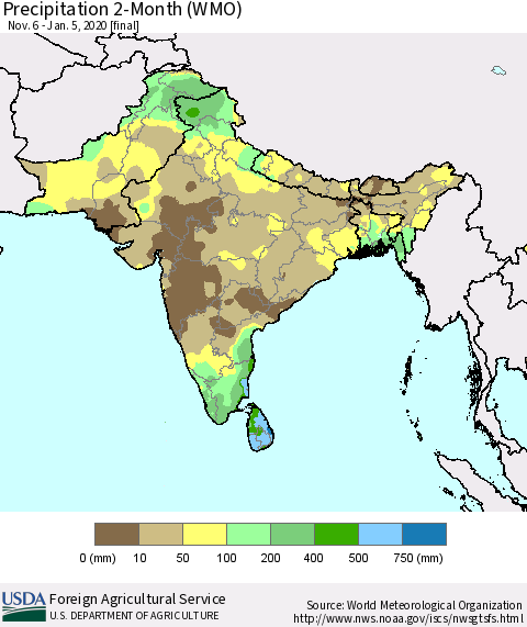 Southern Asia Precipitation 2-Month (WMO) Thematic Map For 11/6/2019 - 1/5/2020