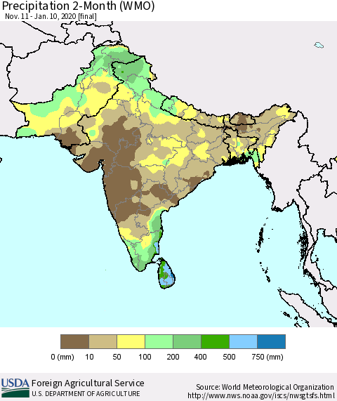 Southern Asia Precipitation 2-Month (WMO) Thematic Map For 11/11/2019 - 1/10/2020