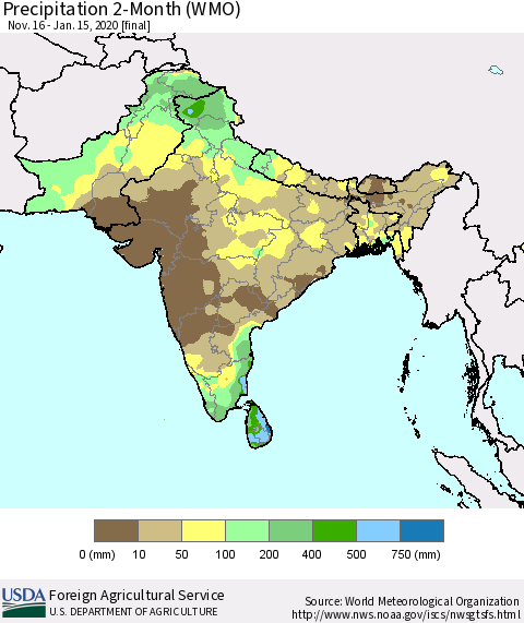 Southern Asia Precipitation 2-Month (WMO) Thematic Map For 11/16/2019 - 1/15/2020