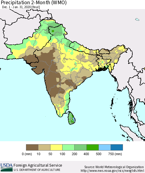 Southern Asia Precipitation 2-Month (WMO) Thematic Map For 12/1/2019 - 1/31/2020