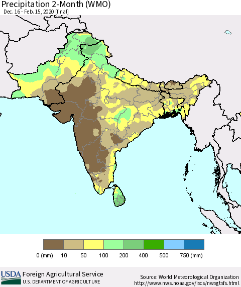 Southern Asia Precipitation 2-Month (WMO) Thematic Map For 12/16/2019 - 2/15/2020