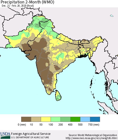 Southern Asia Precipitation 2-Month (WMO) Thematic Map For 12/21/2019 - 2/20/2020