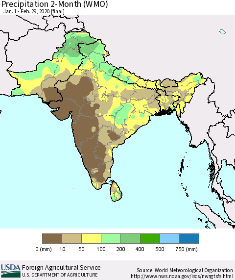 Southern Asia Precipitation 2-Month (WMO) Thematic Map For 1/1/2020 - 2/29/2020