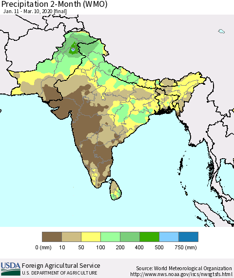 Southern Asia Precipitation 2-Month (WMO) Thematic Map For 1/11/2020 - 3/10/2020