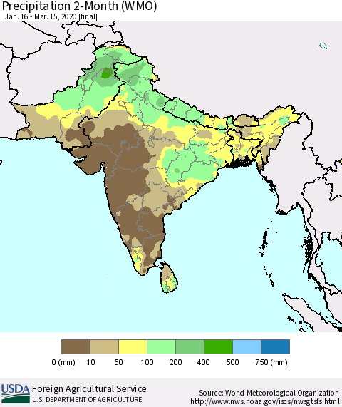 Southern Asia Precipitation 2-Month (WMO) Thematic Map For 1/16/2020 - 3/15/2020