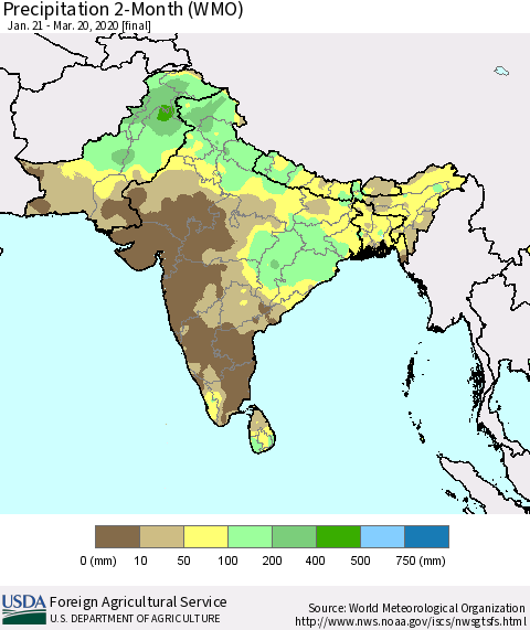 Southern Asia Precipitation 2-Month (WMO) Thematic Map For 1/21/2020 - 3/20/2020