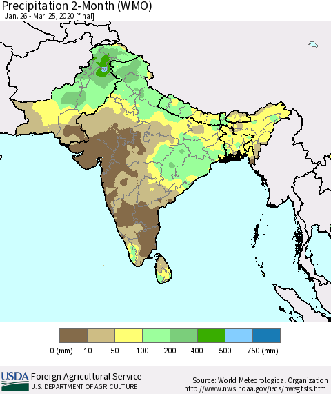 Southern Asia Precipitation 2-Month (WMO) Thematic Map For 1/26/2020 - 3/25/2020