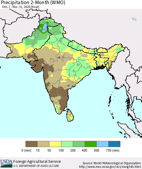 Southern Asia Precipitation 2-Month (WMO) Thematic Map For 2/1/2020 - 3/31/2020