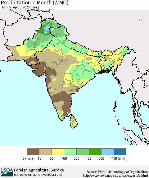 Southern Asia Precipitation 2-Month (WMO) Thematic Map For 2/6/2020 - 4/5/2020