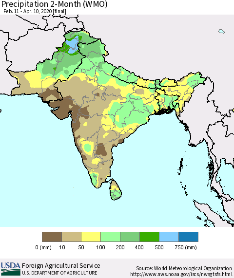 Southern Asia Precipitation 2-Month (WMO) Thematic Map For 2/11/2020 - 4/10/2020