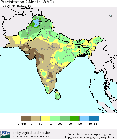 Southern Asia Precipitation 2-Month (WMO) Thematic Map For 2/16/2020 - 4/15/2020