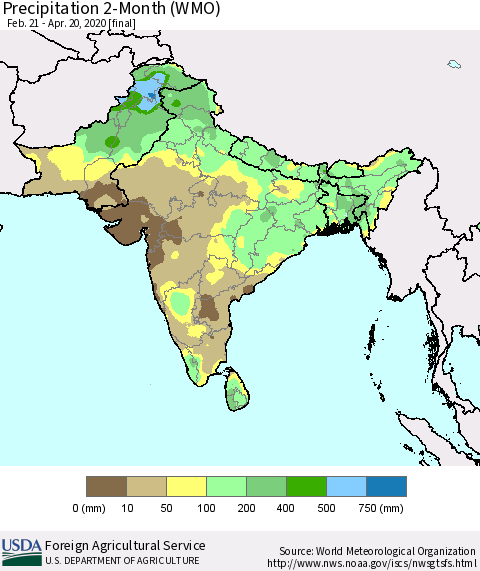 Southern Asia Precipitation 2-Month (WMO) Thematic Map For 2/21/2020 - 4/20/2020