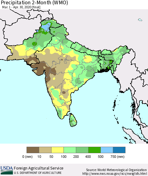 Southern Asia Precipitation 2-Month (WMO) Thematic Map For 3/1/2020 - 4/30/2020