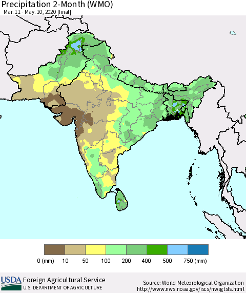 Southern Asia Precipitation 2-Month (WMO) Thematic Map For 3/11/2020 - 5/10/2020