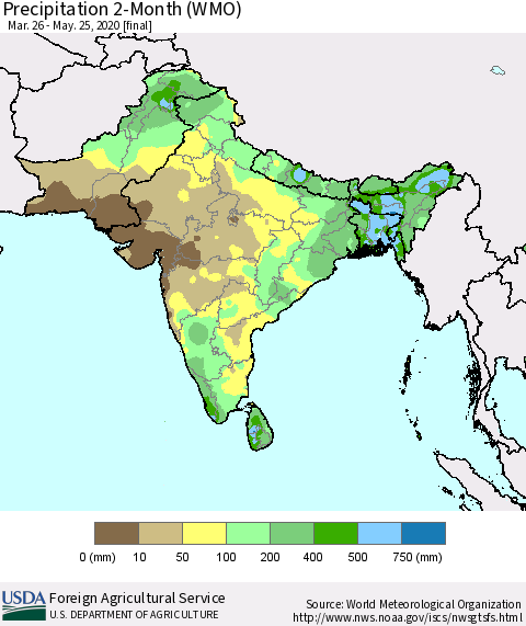 Southern Asia Precipitation 2-Month (WMO) Thematic Map For 3/26/2020 - 5/25/2020