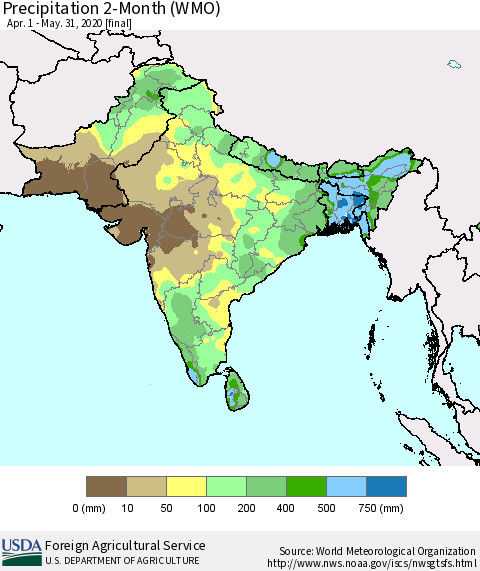 Southern Asia Precipitation 2-Month (WMO) Thematic Map For 4/1/2020 - 5/31/2020