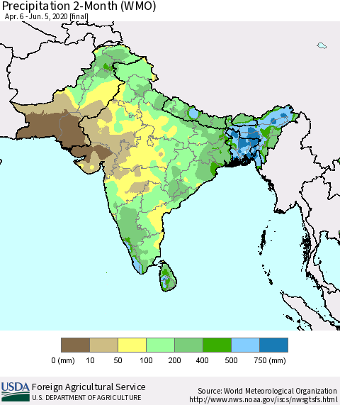 Southern Asia Precipitation 2-Month (WMO) Thematic Map For 4/6/2020 - 6/5/2020