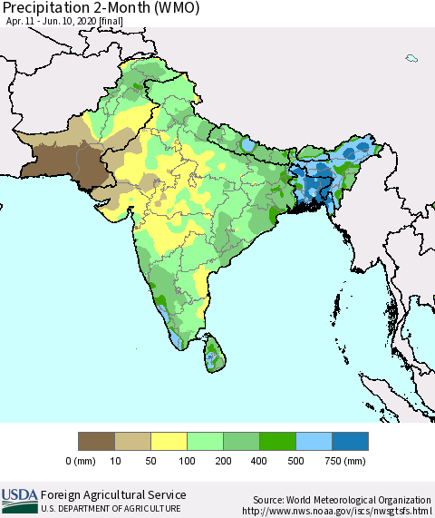 Southern Asia Precipitation 2-Month (WMO) Thematic Map For 4/11/2020 - 6/10/2020