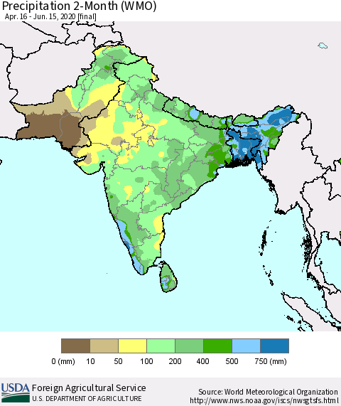 Southern Asia Precipitation 2-Month (WMO) Thematic Map For 4/16/2020 - 6/15/2020