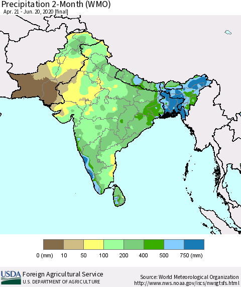 Southern Asia Precipitation 2-Month (WMO) Thematic Map For 4/21/2020 - 6/20/2020