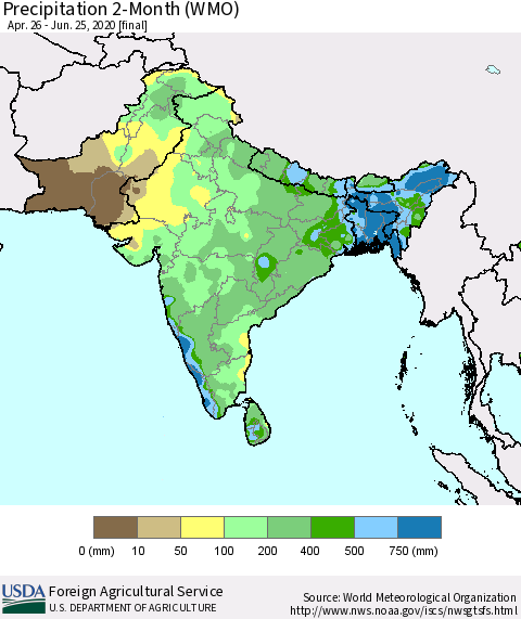 Southern Asia Precipitation 2-Month (WMO) Thematic Map For 4/26/2020 - 6/25/2020