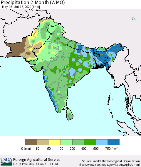 Southern Asia Precipitation 2-Month (WMO) Thematic Map For 5/16/2020 - 7/15/2020