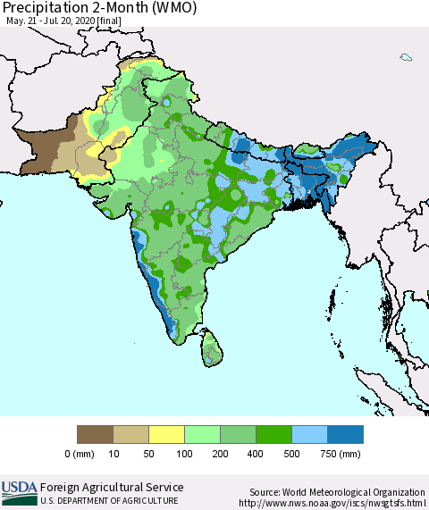 Southern Asia Precipitation 2-Month (WMO) Thematic Map For 5/21/2020 - 7/20/2020