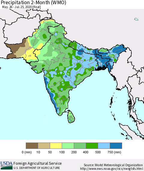 Southern Asia Precipitation 2-Month (WMO) Thematic Map For 5/26/2020 - 7/25/2020