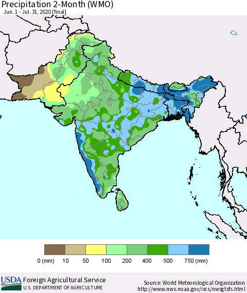 Southern Asia Precipitation 2-Month (WMO) Thematic Map For 6/1/2020 - 7/31/2020