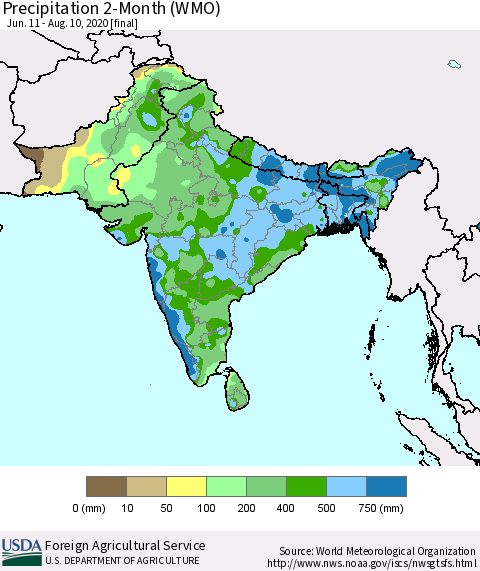 Southern Asia Precipitation 2-Month (WMO) Thematic Map For 6/11/2020 - 8/10/2020