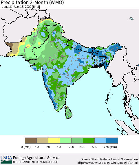 Southern Asia Precipitation 2-Month (WMO) Thematic Map For 6/16/2020 - 8/15/2020