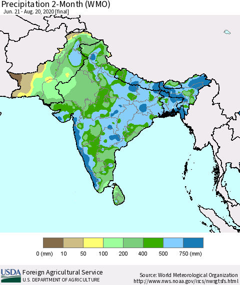 Southern Asia Precipitation 2-Month (WMO) Thematic Map For 6/21/2020 - 8/20/2020