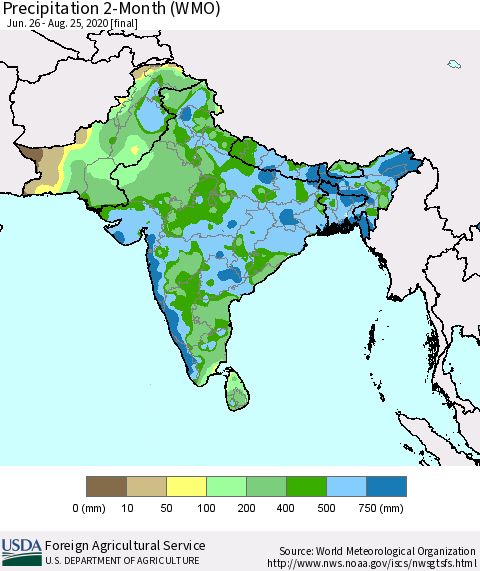 Southern Asia Precipitation 2-Month (WMO) Thematic Map For 6/26/2020 - 8/25/2020