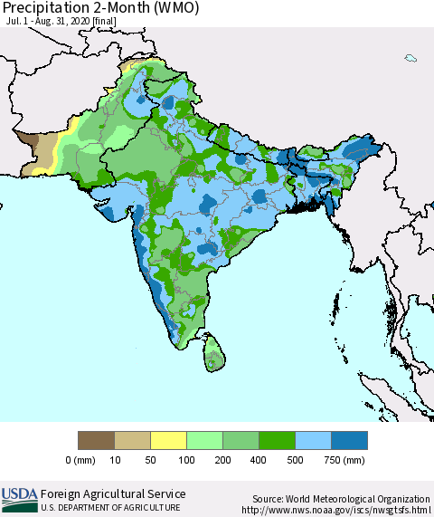 Southern Asia Precipitation 2-Month (WMO) Thematic Map For 7/1/2020 - 8/31/2020