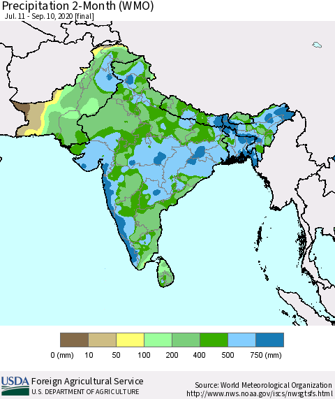 Southern Asia Precipitation 2-Month (WMO) Thematic Map For 7/11/2020 - 9/10/2020