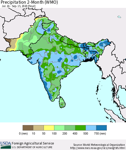 Southern Asia Precipitation 2-Month (WMO) Thematic Map For 7/16/2020 - 9/15/2020