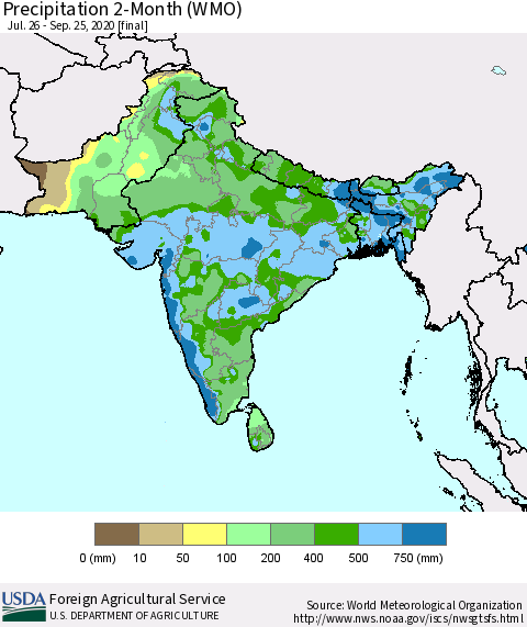 Southern Asia Precipitation 2-Month (WMO) Thematic Map For 7/26/2020 - 9/25/2020