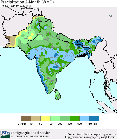 Southern Asia Precipitation 2-Month (WMO) Thematic Map For 8/1/2020 - 9/30/2020