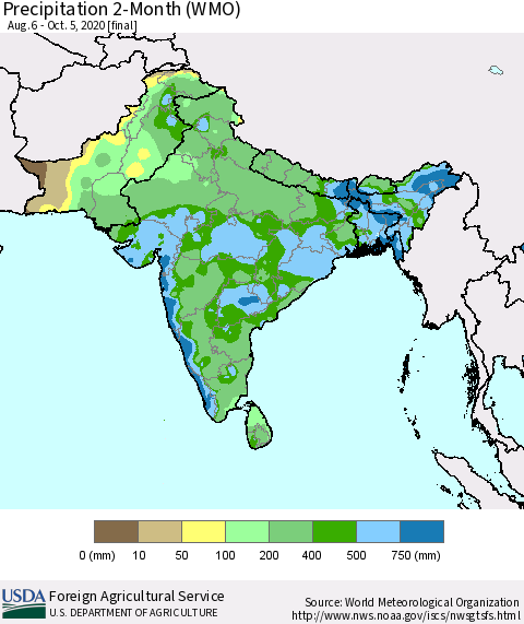 Southern Asia Precipitation 2-Month (WMO) Thematic Map For 8/6/2020 - 10/5/2020